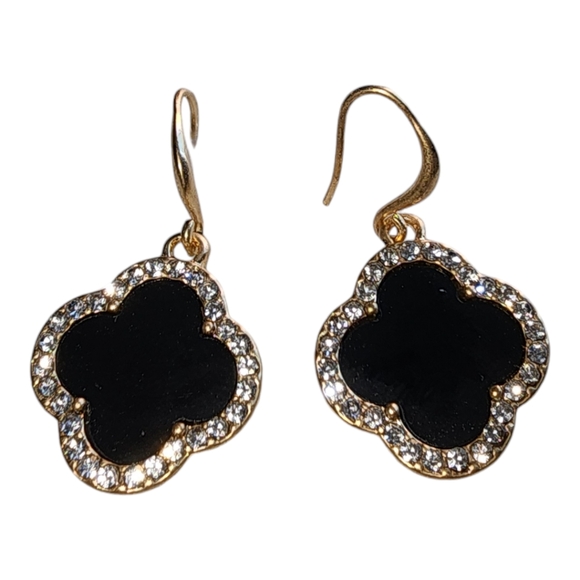Fashion Black Clover Gold-Tone Black Enamel Earrings with Rhinestones Details - Picture 1 of 6